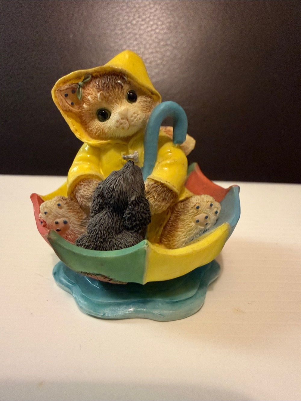 Yellow Raincoat Cat Figurine in Colorful Umbrella - Home Art Sculpture